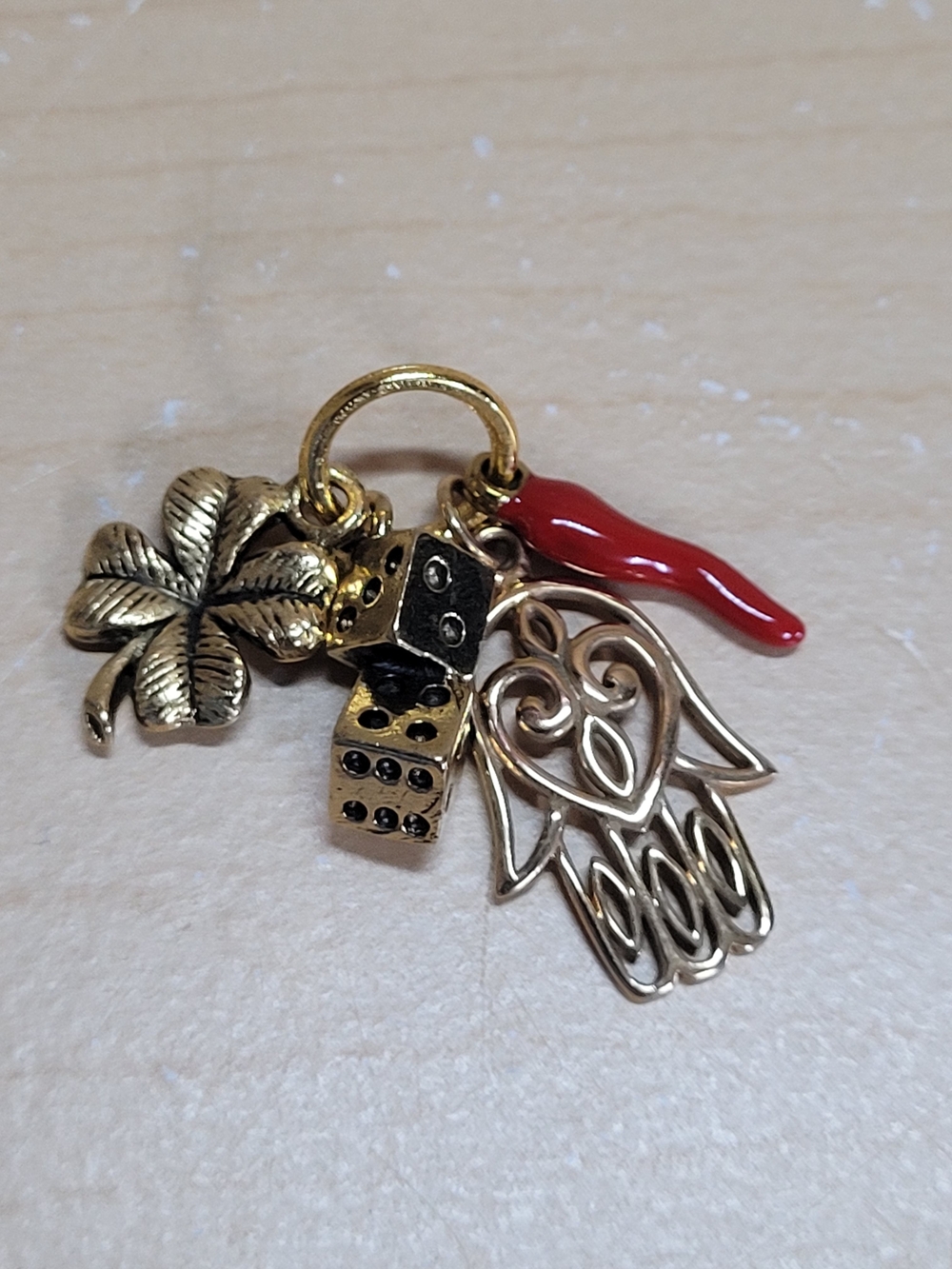Gold Alloy Red Cornicello Four-Leaf Clover Hamsa and Dice Charm Cluster NWT